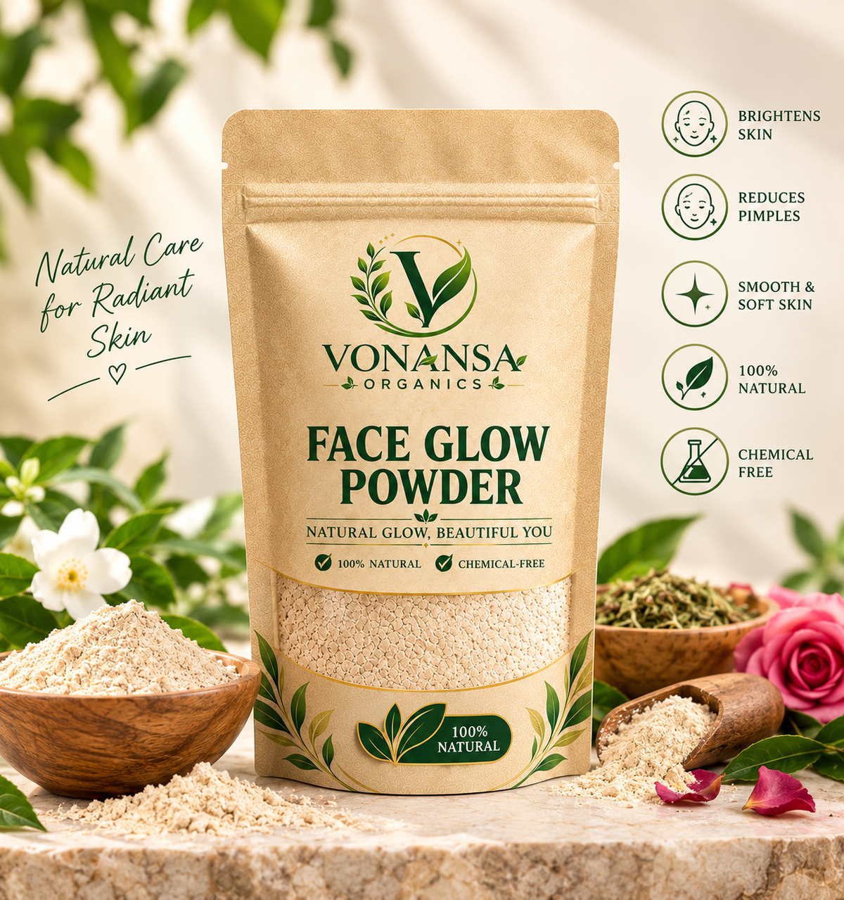 Vonansa Organics Face Glow Powder – Natural Herbal Skin Care for Glowing, Smooth &amp; Healthy-Looking Skin