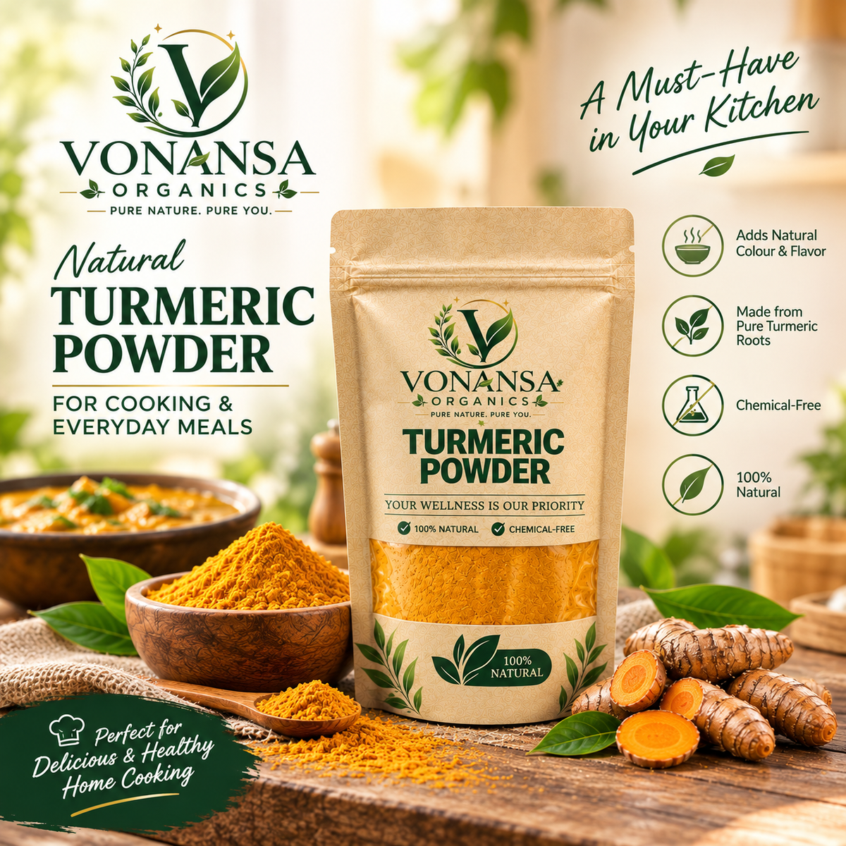 Vonansa Organics Natural Turmeric Powder – Pure Haldi for Cooking &amp; Everyday Meals